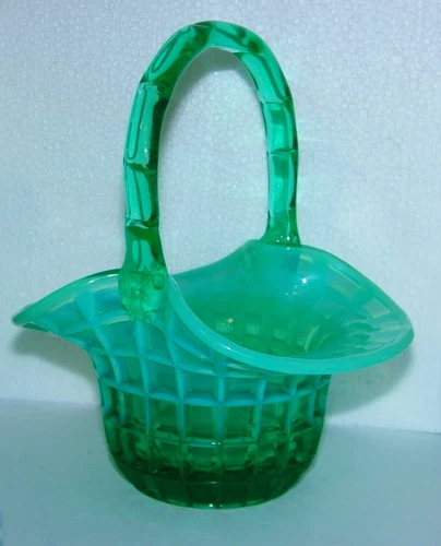 Fenton Waffle Window Pane Flower Basket Vase Green Opalescent Uranium GLOWS