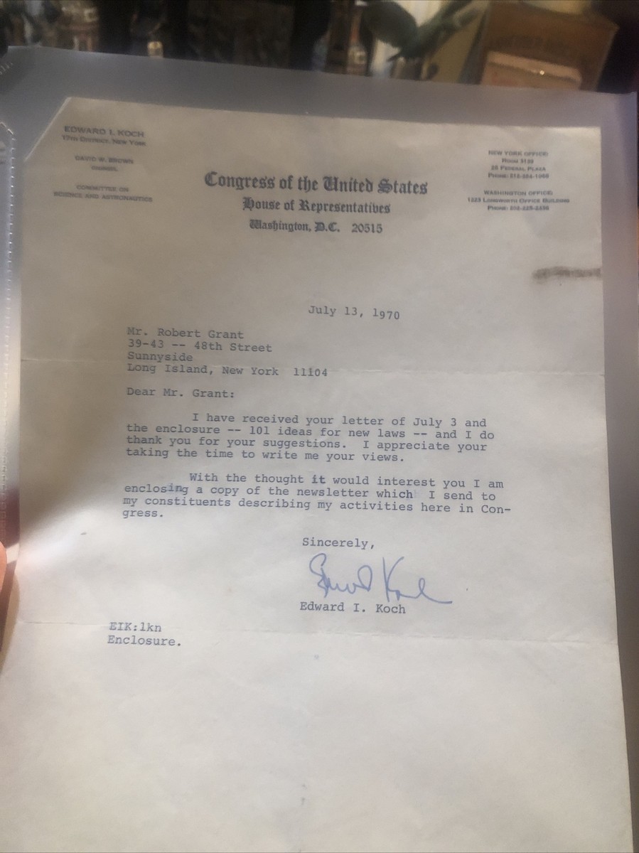 ED KOCH Autographed Signed Letter Mayor of NYC, congress The 