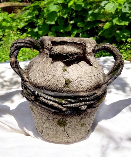 Rustic Enchanted Urn Pot with Handles 32cm Antique Style Cement Vase for Indoor - Picture 10 of 15