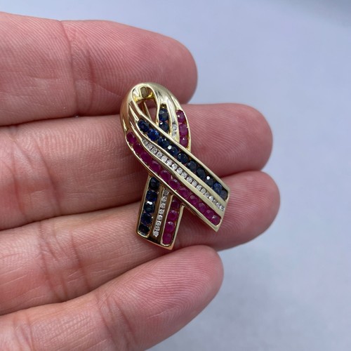 Estate USA Flag Ribbon Pin Diamond, Ruby & Sapphire 14k 1.70ctw - Picture 3 of 3