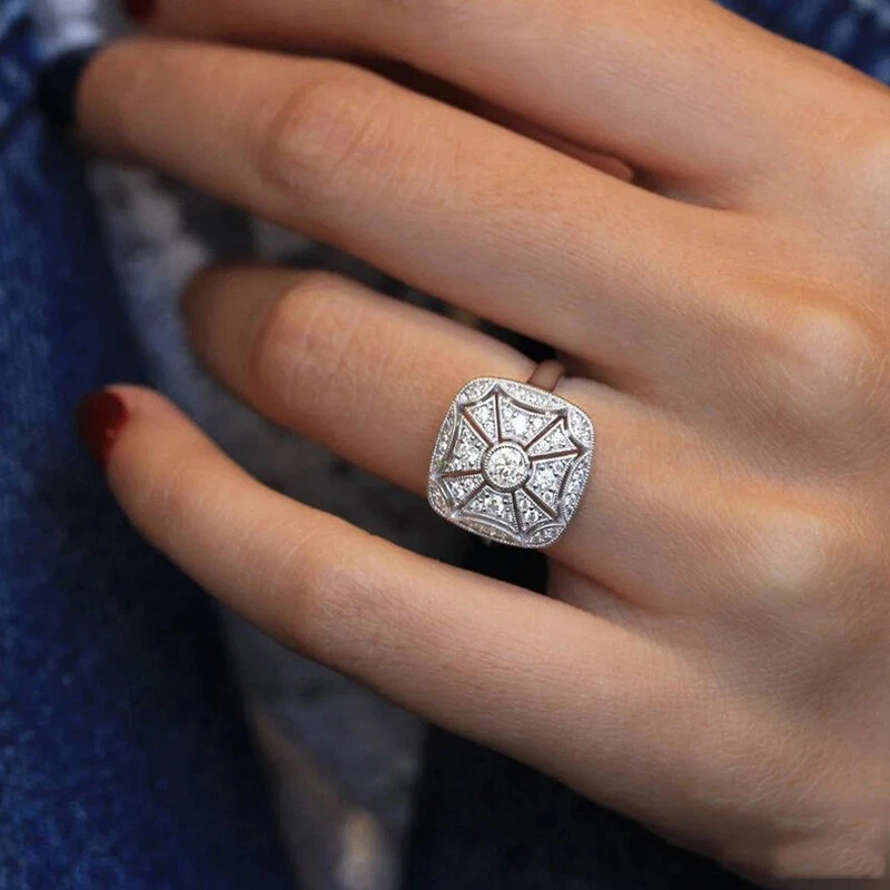 Classy Vintage Art Deco Cluster Engagement Ring 1 Ct Diamond 14K White Gold Over