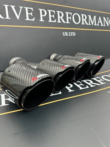 GLOSS BLACK CARBON FIBRE AKRAPOVIC EXHAUST TIPS 4” STEEL TWIN Y PIECE STAGGERED - Picture 5 of 12