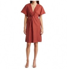 Julia Jordan Twist Front Dress Womens 14 Rust Red V-Neck Flutter Sleeve Midi