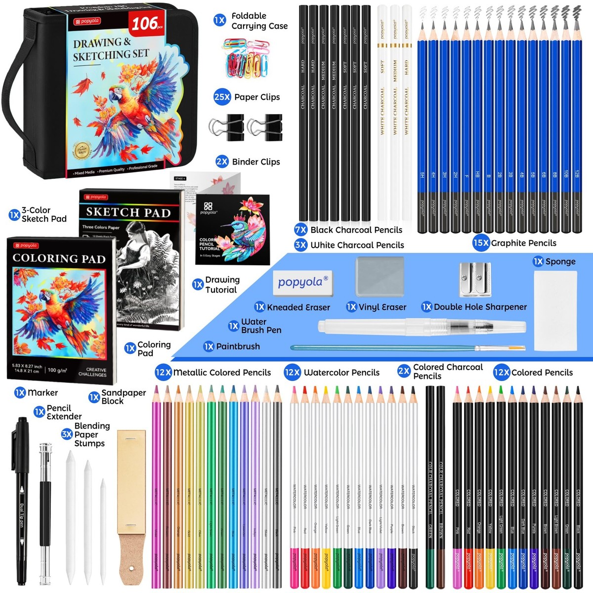 106 Pack Drawing Set Sketching Kit Pro Art Supplies with 3-Color