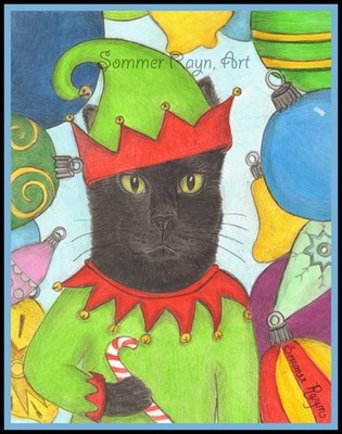 Black cat as a Christmas Elf, fun and whimsical holiday card, notecard #482