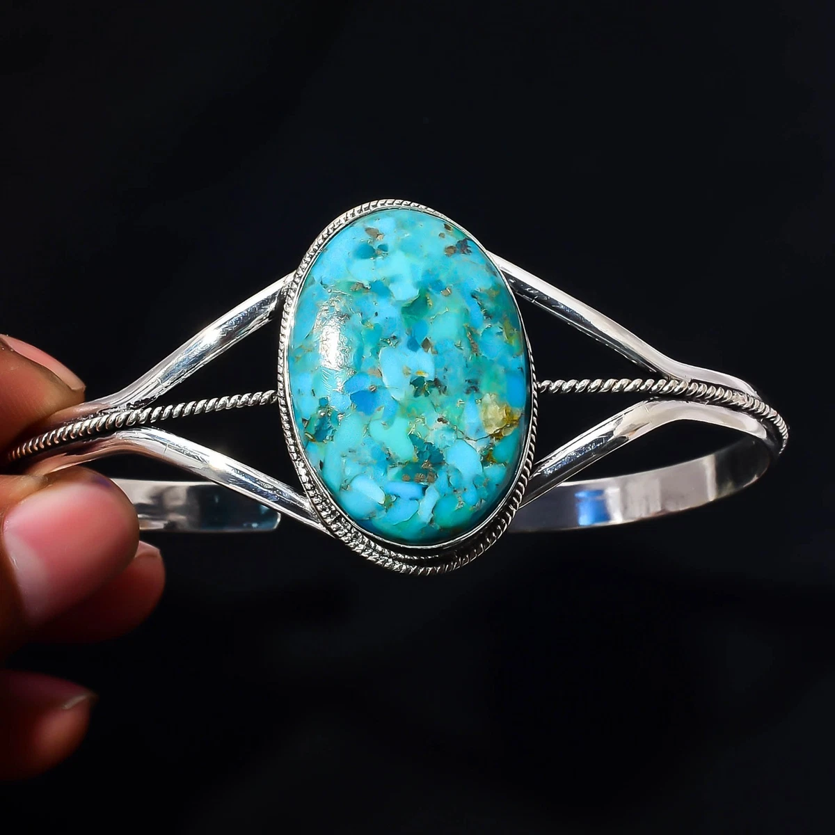 Copper Turquoise Gemstone 925 Sterling Silver Handmade Bangle Jewelry Gift For