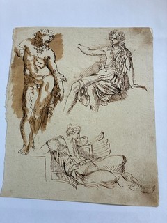 17th C. Italian old master Ink /wash on watermark laid paper study of figures
