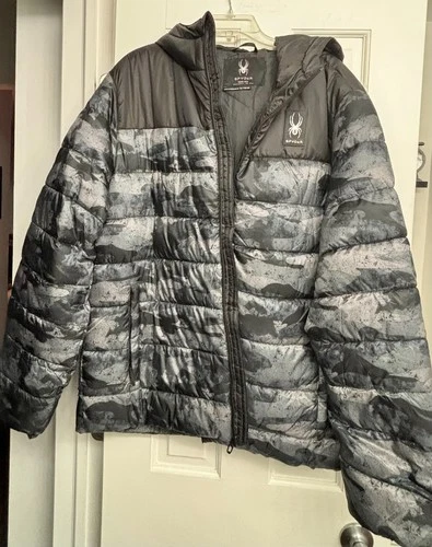 NWT-Spyder Jacket Mens XL Black Grey Camo Circuit Block Hooded Insulated - product listing photo