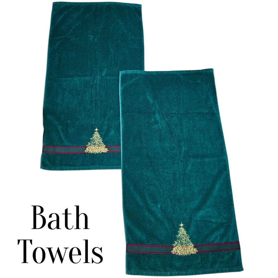 VTG Christmas Tree Towel Set 2 Bath Towels 2 Hand Towels Holiday Green Red Gold - Image 3 of 4
