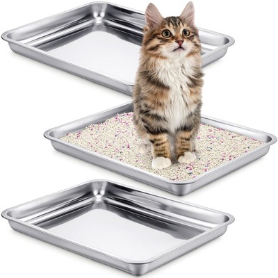 3 Pcs Stainless Steel Cat Litter Pan, Odor Control Easy to Clean Low Entry Li...