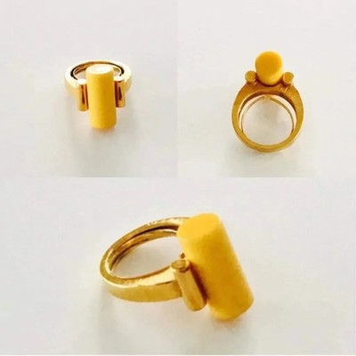 Vintage Creamed Corn Bakelite Ring Gold Tone Tubular Center Size 9