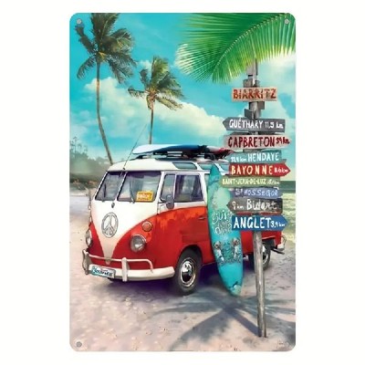 Blechschild Bulli mit Surfbrett unter Palmen am Strand Metallschild TEL2793
