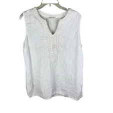 Charter Club Embroidered Sleeveless Top Blouse Shirt Women Size L White Linen
