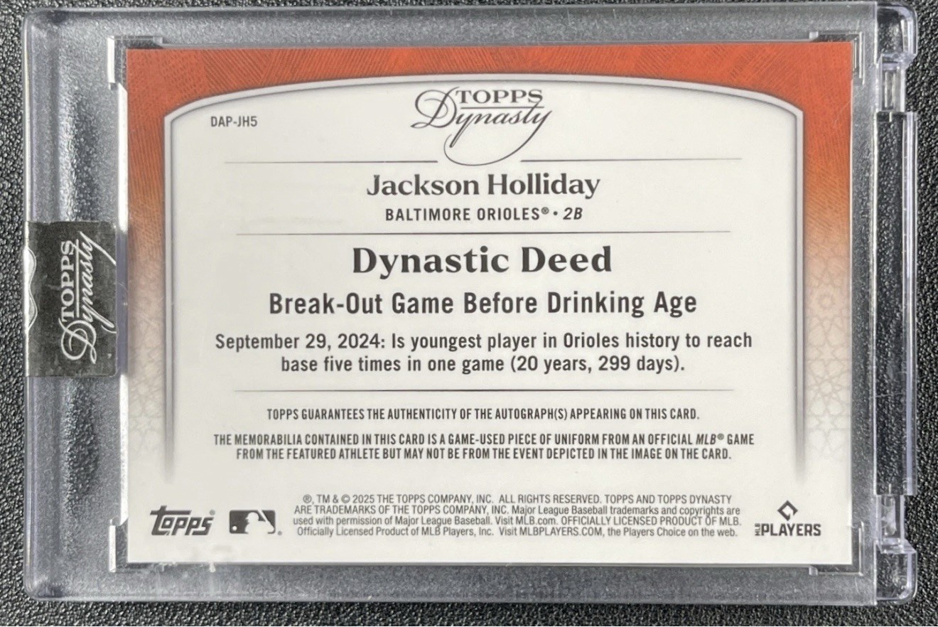 JACKSON HOLLIDAY 2025 TOPPS DYNASTY #DAP-JH5 GAME-USED PATCH AUTO SILVER /5 view 2