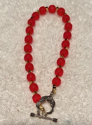 Salsa Red Beach-style Glass W/Goldtone Cube beads & Lotus Toggle 9inBracelet NEW