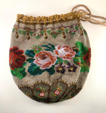 Antique Beaded Mesh Floral DRAWSTRING PURSE Victorian Handbag RETICULE  588