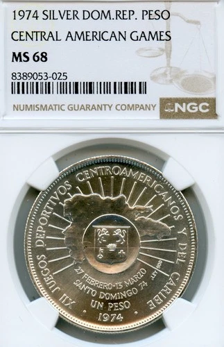 DOMINICAN REPUBLIC 1 PESO SILVER CROWN 1974 MS-68 NGC CENTRAL AMERICAN GAMES