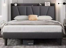 Bed Frame With Type-C & Usb Ports Fabric Bed For Bedroom Bathroom Home Twin