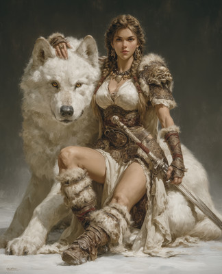 8x10 Warrior woman seated with white wolf and sword - 655763596