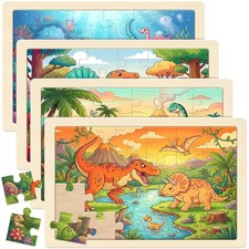 4 Pack Dinosaur 24 Piece Wooden Jigsaw Puzzles for Kids Ages 4-6