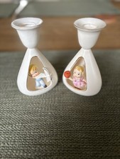 Pair of Holt Howard Peek-a-Boo Taper Candle Holders Boy Archer & Girl w Apple