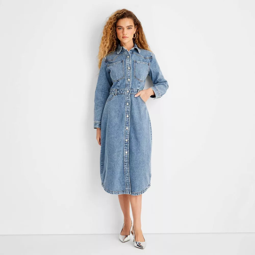 【Letter From Moon】Cloud Line Denim Dress Women's Long Sleeve Denim Midi Dress - Future Collective | eBay