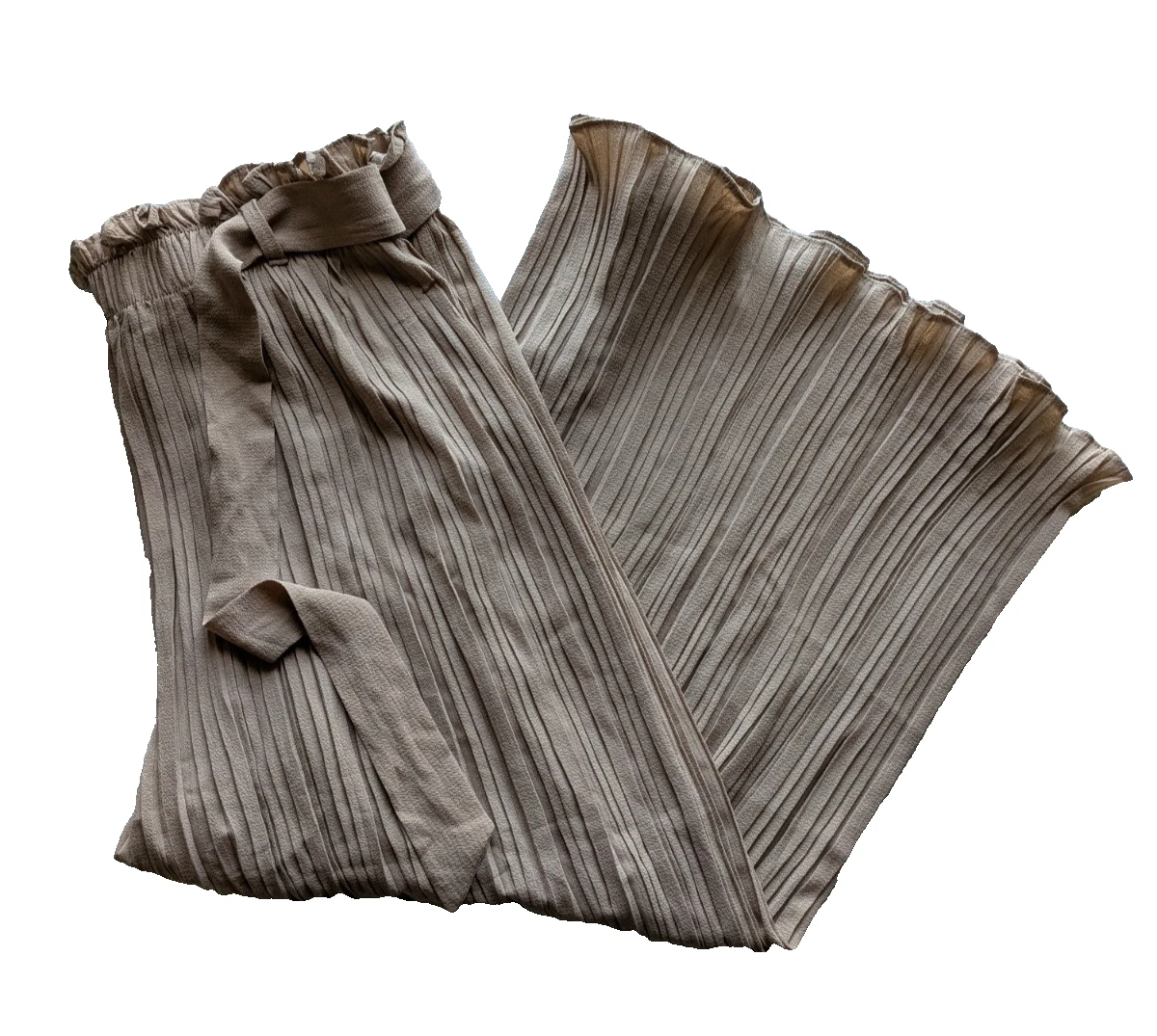 Sweet Rain Ruffle Flowy Wide Leg Palazzo Pants Tie Waist Beige Women's L Boho
