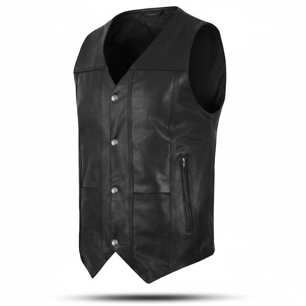 Men's Black Classic V-Neck Cowhide Leather Motorcycle Vest Biker Rider Vest
