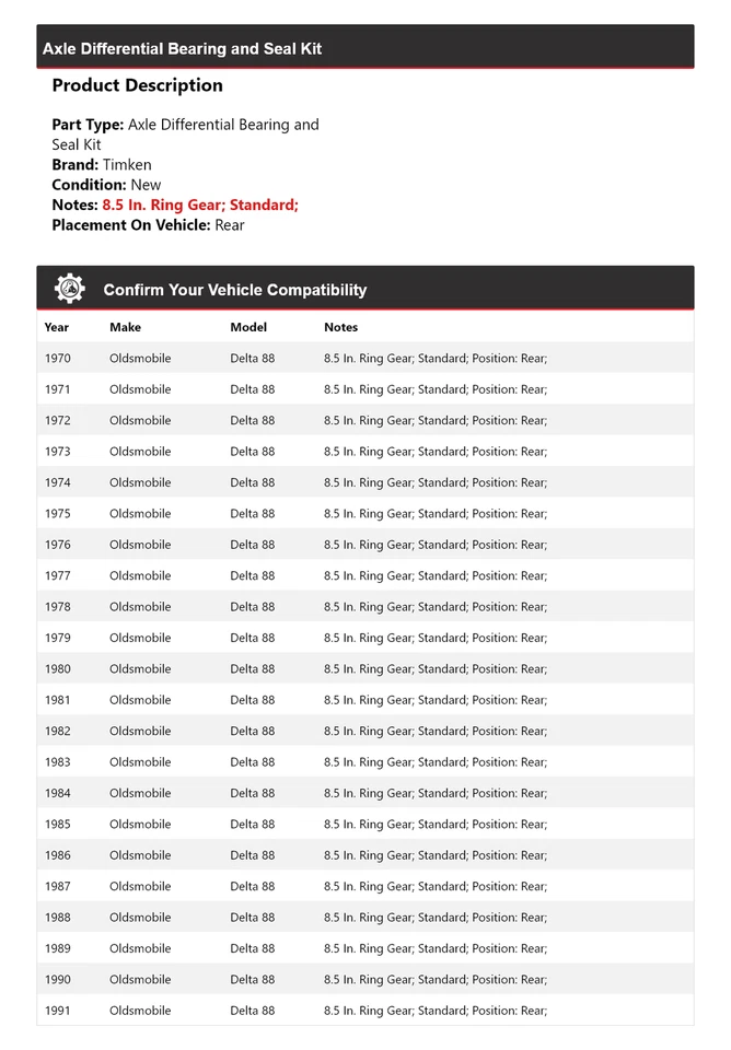 Kit de cojinete y sello diferencial de eje trasero Timken para 70-91 Oldsmobile Delta 88 Foto 2 de 3