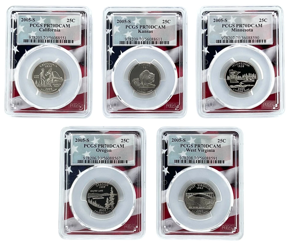 2005 S Clad Quarter 5 Coin Set PCGS PR70 Ultra Cameo - Flag Frame w/Case - Image 2 of 3