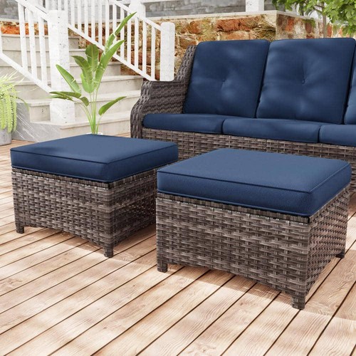 JOYSIDE Patio Ottoman 22.05" x 13.58" x 22.05" UV Resistant w/ Blue Cushion - Picture 2 of 5