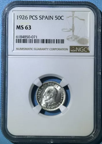 Spain 1926 PC-S 50 Centimos Silver Coin Alfonso XIII Nice BU NGC MS 63 KM# 741