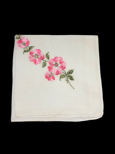 Vintage Womens White Cotton Handkerchief Embroidered Pink Floral 12"x12" - Picture 2 of 6