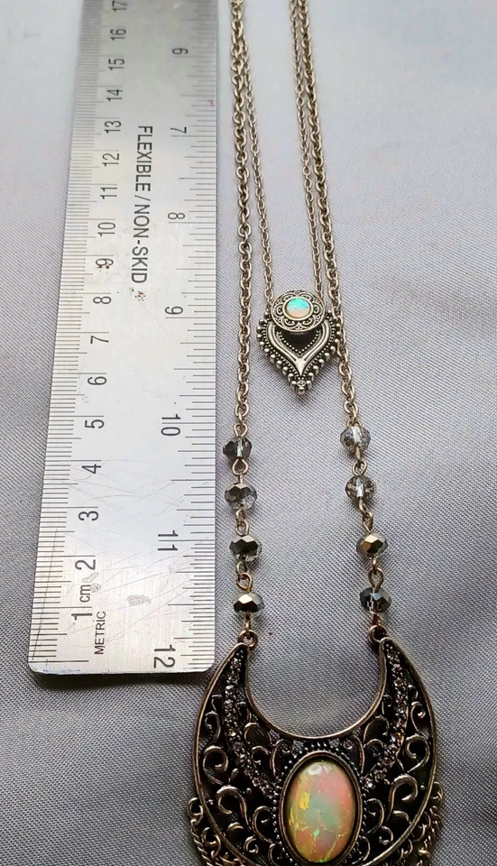Collar Colgante Doble Media Luna Colgante Imitación Ópalo Cadena Flecos Bohemio Foto 4 de 4