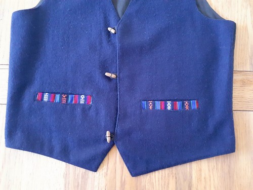 Handmade Nepal 100% Wool Waistcoat/Vest Navy/Blk Aztec Pocket/Toggles~Size L~VGC - Picture 3 of 12