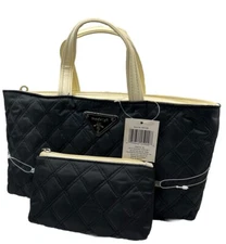 Modella 2 Pc Quilted Tote Set Black White Makeup Bags Zip Up Travel Storage NEW