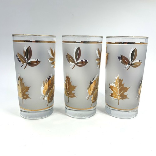 3 Libbey Golden Foliage Tumblers Frosted Leaves Vintage Mid Century Modern 12 Oz - Picture 3 of 4