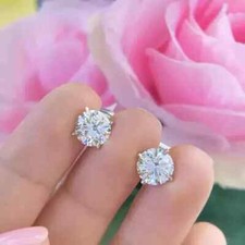 Round Cut 2Ct Lab Created Diamond Wedding Stud Earrings 14K White Gold Plated