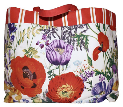 Vintage ESTE' LAUDER Large White, Purple, & Coral Floral Canvas Slouchy Tote Bag