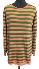NWT Two Bees Cashmere Pink Green Striped Pom Pom Hem Pullover Knit Sweater Sz M