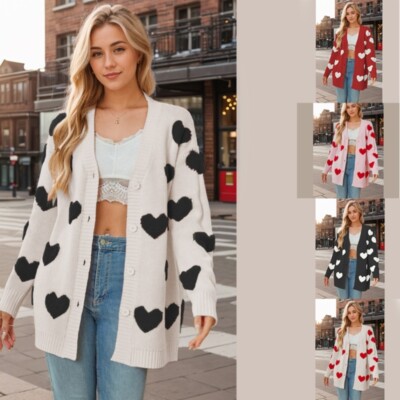 Women s Knitted Button Down Long Cardigan Heart Pattern Valentines Sweater Coat