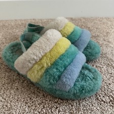 UGG Fluff Yeah Slide Slippers Women 7 Multicolor Striped Sheepskin Slingback