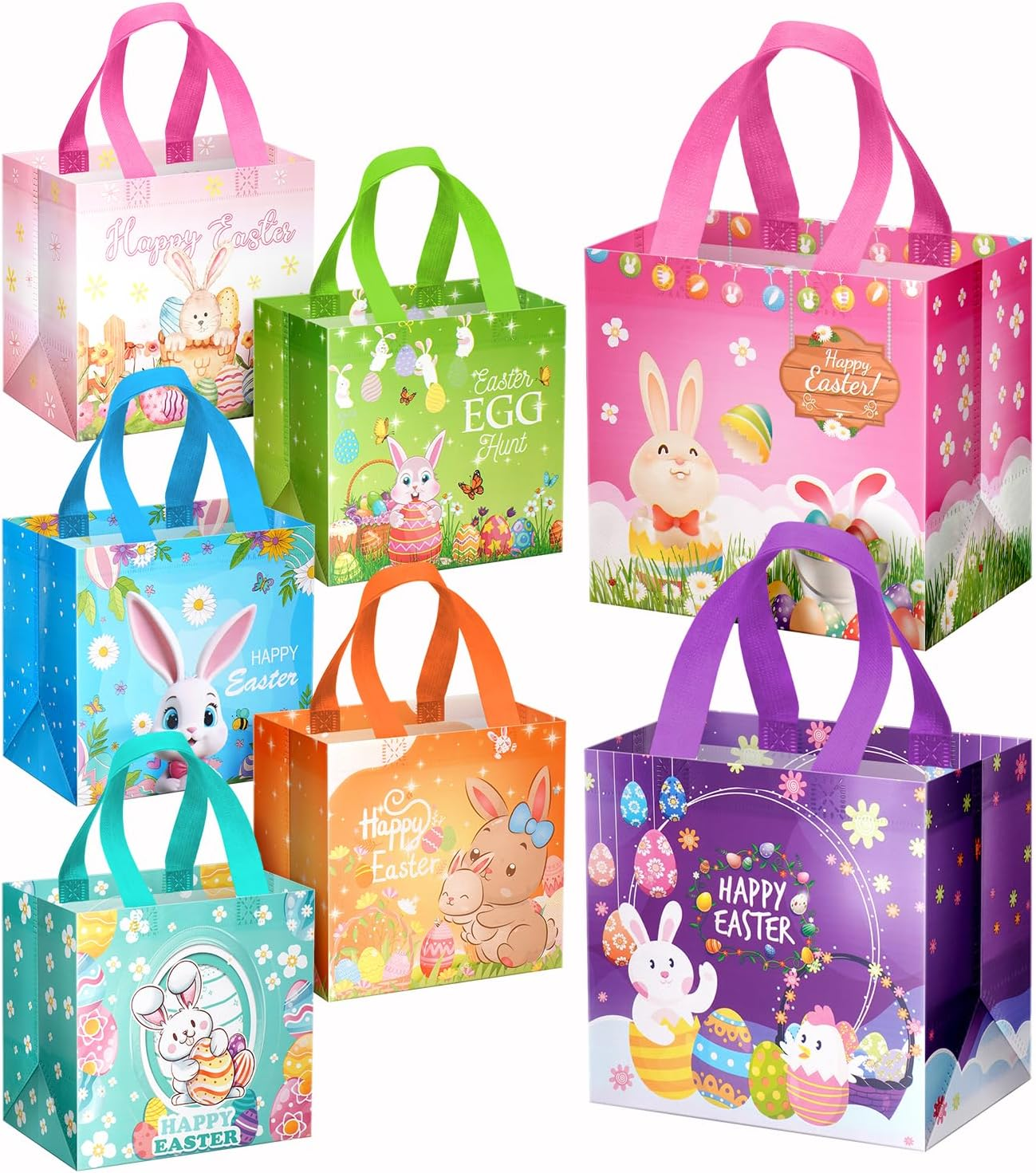 7Pcs Happy Easter Gift Bags, Reusable Non-woven Goodie Bags with Handle for K...