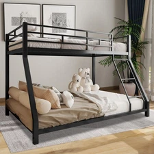 Heavy Bunk Beds Twin Over Full Size Metal Bunk Bed With Bottom Space & Guardrail