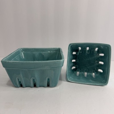 Set of 2 Anthropologie Biscuit Ceramci Berry Baskets Turquoisse Blue Small & Med