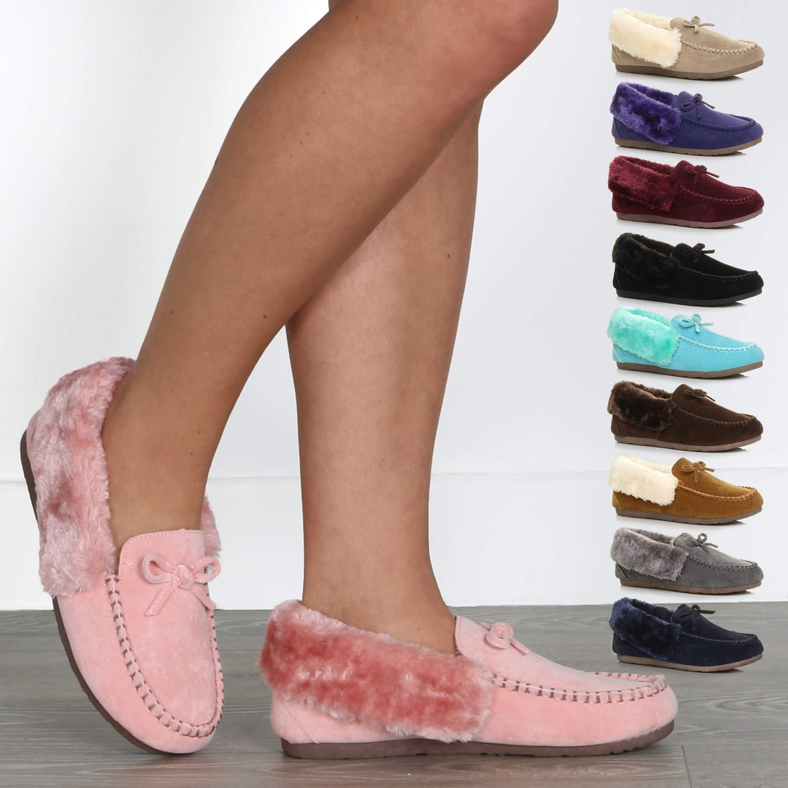 SAOLA MOCASSINI DONNA PELLICCIA COLLETTO FODERATO SUOLA GRIP INTERNO CASA PANTOFOLE MISURA