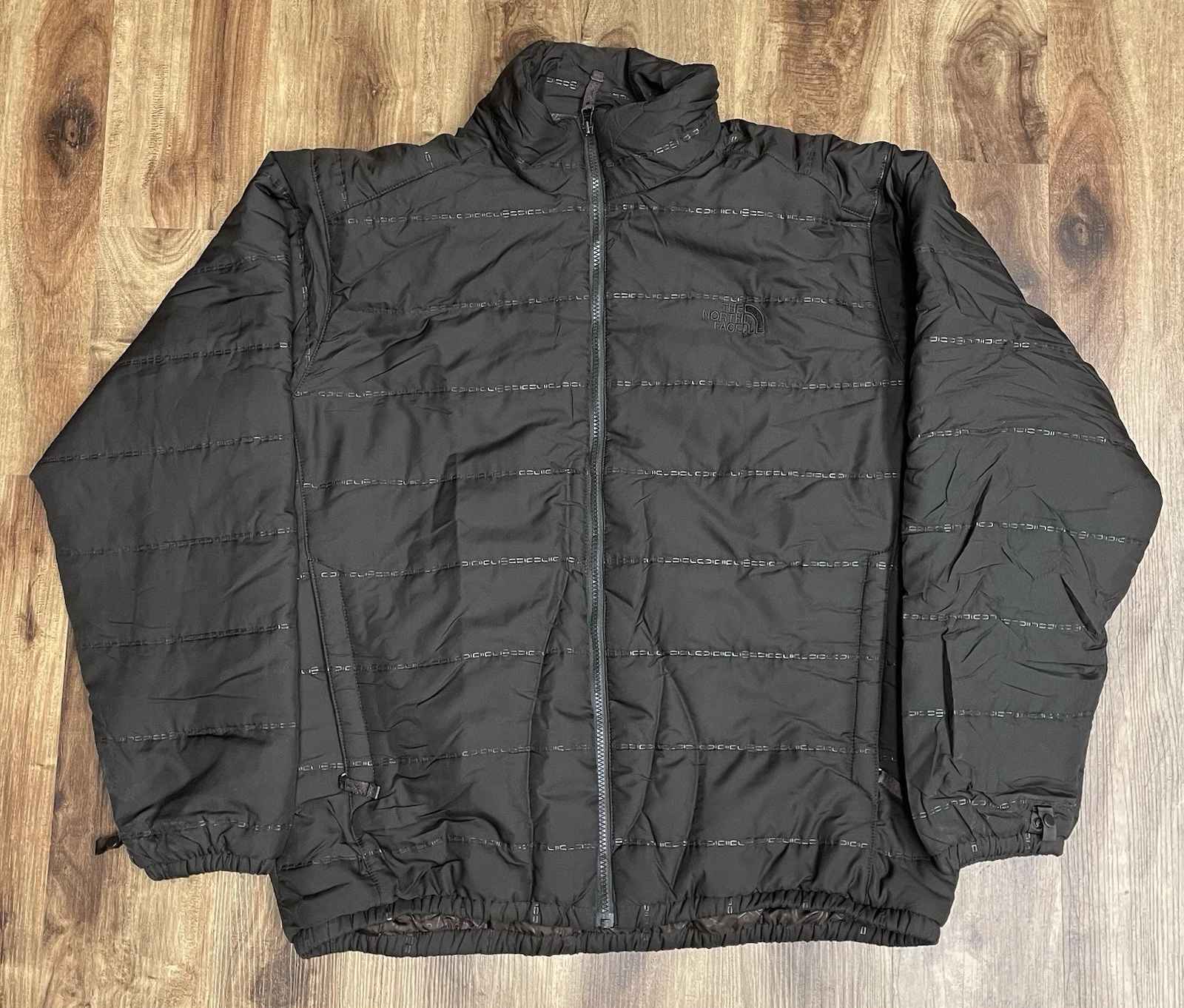 The North Face Y2K Brown Tonal Striped Puffer Jacket Full Zip Pockets Men’s XL