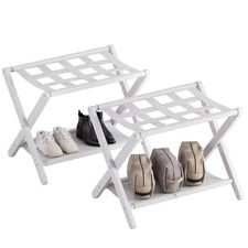 White Luggage Rack, Set of 2, Folding Suitcase Stand with Storage Shelf, Bamb...