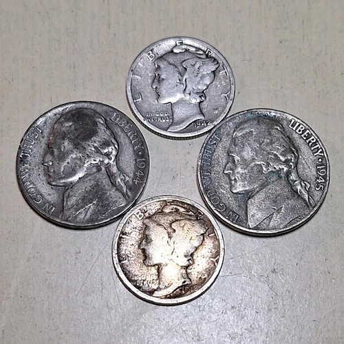 2 Silver Mercury Dimes & 2 War nickel lot. Circulated condition #001