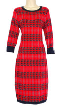 Red plaid VENUS sweater dress M black 3/4 sleeve below knee sheath stripes knit